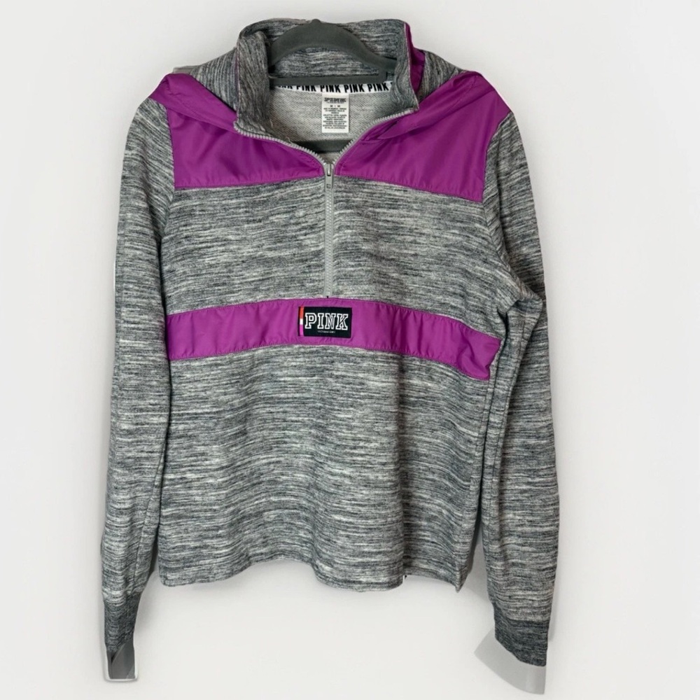 VS PINK Women’s Medium Half Zip Hoodie Gray Purple Colorblock Logo Back 09/16